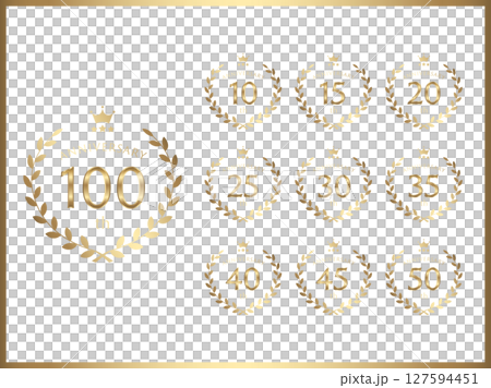 Set of gold banners with anniversary numbers and laurel wreath design for anniversary celebration 127594451