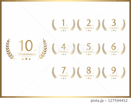 周年数字と記念日お祝い用の月桂冠デザインのゴールドバナーセット 127594452