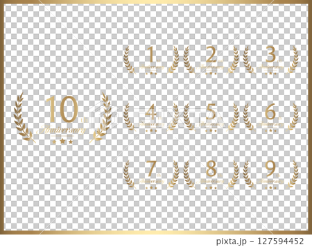 一套帶有周年紀念數字和月桂花環設計的金色橫幅，用於週年慶典 127594452