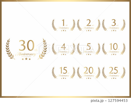 周年数字と記念日お祝い用の月桂冠デザインのゴールドバナーセット 127594453