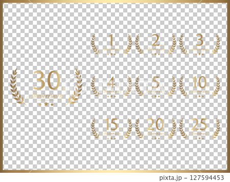 周年数字と記念日お祝い用の月桂冠デザインのゴールドバナーセット 127594453