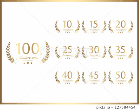 周年数字と記念日お祝い用の月桂冠デザインのゴールドバナーセット 周年数字と記念日お祝い用の月桂冠デザインのゴールドバナーセット 127594454