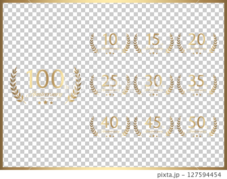 一套帶有周年紀念數字和月桂花環設計的金色橫幅，用於週年慶典 127594454