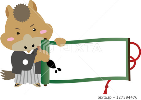 筆を持った午年の馬キャラクターと白紙の巻物フレーム 127594476