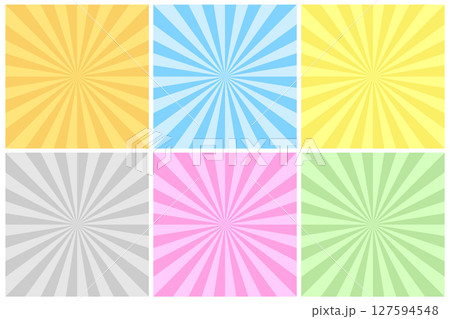 Collection of bright color striped backgrounds. Vintage radial art prints. Abstract pop vector artwork patterns for your design and ideas. Can be used like cards, posters, placards etc 127594548