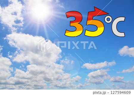 太陽光と35℃以上のマーク　合成 127594609