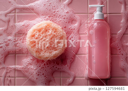 Top view of sponge next to a light detergent bottles on a background of ceramic tiles in pink colors. Top view of sponge next to a light detergent bottles on a background of ceramic tiles in pink colors. 127594681