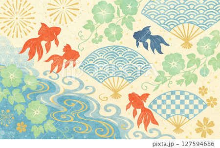 夏の和風背景｜金魚と朝顔・扇子と流水模様の涼しげなイラスト 127594686