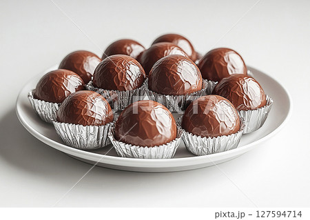 Fine dining catering services.  White plate with several decadent chocolate. 127594714