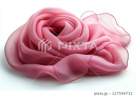 Elegant silk scarf with soft, flowing folds, highlighting its luxurious texture against a simple white background. 127594732