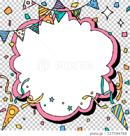 Handwritten pop frame background, curved frame, confetti, garland, crackers, square size Handwritten pop frame background, curved frame, confetti, garland, crackers, square size 127594789