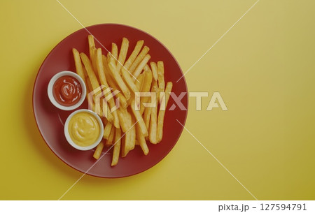 French fries with ketchup and mayonnaise served on a red plate on yellow background, top view 127594791
