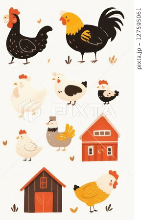 Charming farmyard illustration featuring whimsical chickens and barns 127595061