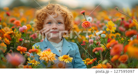 A delightful child with curly hair beams in a vibrant field of flowers, capturing pure joy and innocence A delightful child with curly hair beams in a vibrant field of flowers, capturing pure joy and innocence 127595097