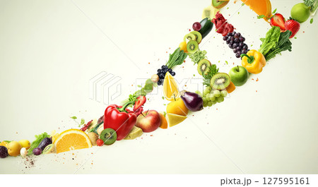 Colorful fruits and vegetables are arranged in the shape of a DNA strand on a simple white background 127595161