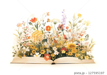 A flourish of vibrant flowers emerges from an open book, celebrating the fusion of literature and nature beauty 127595197