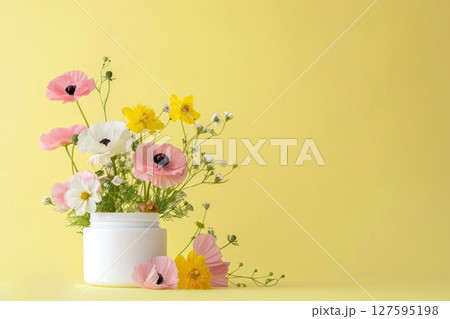 Bloom with joy in this captivating floral arrangement against a soft yellow backdrop Bloom with joy in this captivating floral arrangement against a soft yellow backdrop 127595198