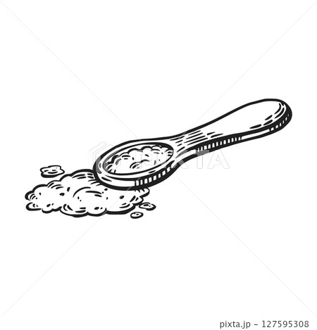 A teaspoon with sugar, salt, bulk product. Cooking. All objects are hand-drawn in vector. Vector illustration is suitable for printing on paper, fabric, for product packaging design. A teaspoon with sugar, salt, bulk product. Cooking. All objects are hand-drawn in vector. Vector illustration is suitable for printing on paper, fabric, for product packaging design. 127595308