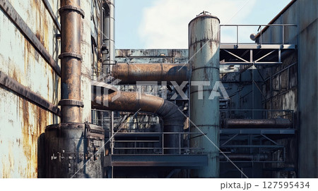 Explore the gritty charm of industrial architecture with this striking image of rusted pipes set against a clear sky. 127595434
