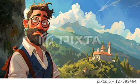 A beautifully illustrated character with glasses and a beard stands against a scenic landscape backdrop 127595464
