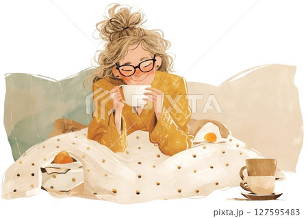 Cozy morning vibes with a warm cup of tea, wrapped in comfort and tranquility 127595483