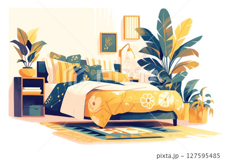 Cozy and vibrant bedroom scene featuring lush plants and stylish decor in warm tones Cozy and vibrant bedroom scene featuring lush plants and stylish decor in warm tones 127595485