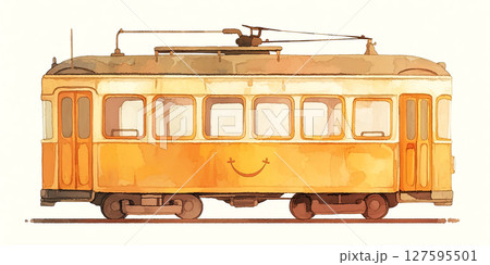 Charming watercolor of a vintage yellow tram exuding warmth and nostalgia with a cute smiley 127595501