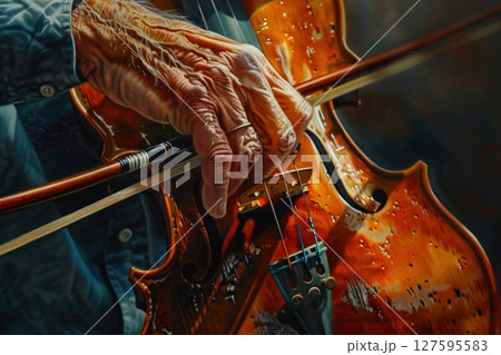 The artful capture of a seasoned musician hand gracefully playing the cello evokes emotion and timeless beauty The artful capture of a seasoned musician hand gracefully playing the cello evokes emotion and timeless beauty 127595583