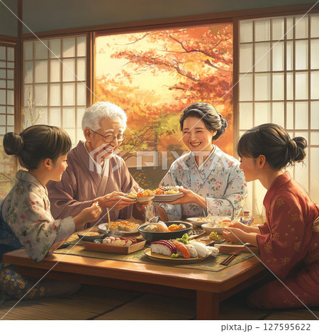 秋の陽だまりに集う笑顔あふれる団らん 秋の陽だまりに集う笑顔あふれる団らん 127595622