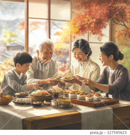 秋色の食卓に広がる家族の笑顔とぬくもり 127595623