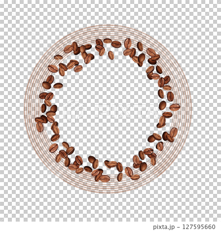 Hand-drawn round frame illustration with scattered brown coffee beans. Ideal for kitchen decor, cafe branding, or packaging design 127595660