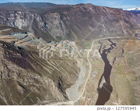 Mountain pass Katu-Yaryk. Valley of the mountain river Chulyshman. Landscape. Mountain dangerous road. 127595945