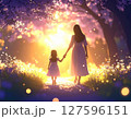 花のトンネルの中を歩く親子 127596151