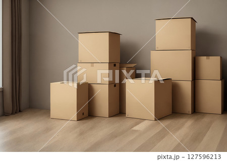 A stack of cardboard boxes in a room, a lot of objects. Generative AI. 127596213