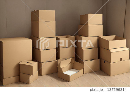 A stack of cardboard boxes in a room, a lot of objects. Generative AI. 127596214