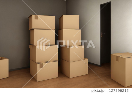 A stack of cardboard boxes in a room, a lot of objects. Generative AI. 127596215