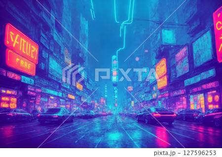 The street of the night city, a futuristic city in the rain, skyscrapers, cars and random people, in the fog. Generative AI. The street of the night city, a futuristic city in the rain, skyscrapers, cars and random people, in the fog. Generative AI. 127596253