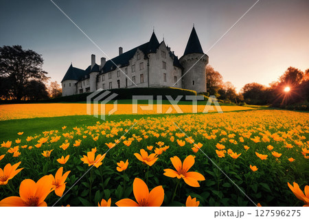 Flower garden, flowerbed close-up near old castle, landscaping, beautiful nature in summer. Generative AI. 127596275