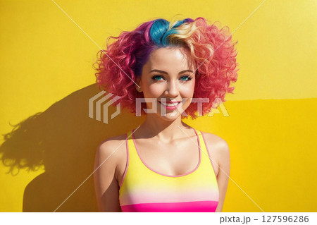 Portrait of a woman with colorful hair and sunglasses on abstract painted wall background. Generative AI. 127596286