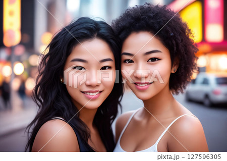 Portrait of a beautiful asian girls, city street as a background. Generative AI. Portrait of a beautiful asian girls, city street as a background. Generative AI. 127596305