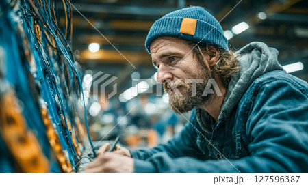 Technician working with large industrial equipment in workshop, wires and ducts overhead, production line 127596387