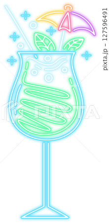 Neon Glow Cocktail with Umbrella and Mint Illustration 127596491