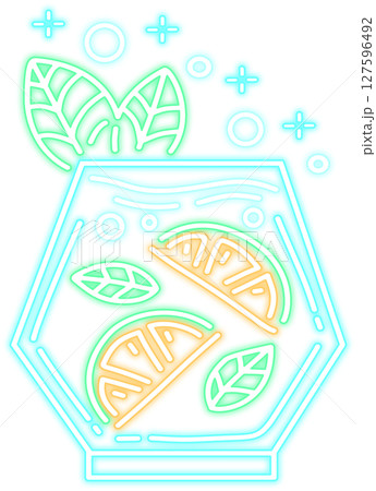 Neon Glow Cocktail Drink with Lemon and Mint Illustration Neon Glow Cocktail Drink with Lemon and Mint Illustration 127596492