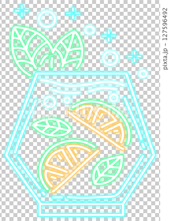 Neon Glow Cocktail Drink with Lemon and Mint Illustration Neon Glow Cocktail Drink with Lemon and Mint Illustration 127596492