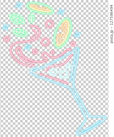 Neon Glow Cocktail Drink with Lemon and Mint Graphic Illustration 127596494