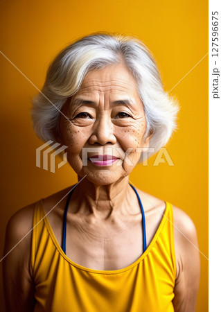 Portrait of an elderly Asian woman with blond hair on an yellow background, summer brightness. Generative AI. Portrait of an elderly Asian woman with blond hair on an yellow background, summer brightness. Generative AI. 127596675