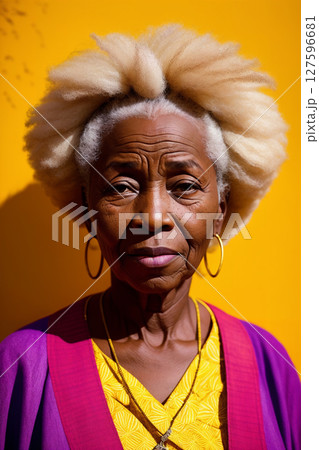 Portrait of an elderly african woman on yellow background, summer brightness. Generative AI. Portrait of an elderly african woman on yellow background, summer brightness. Generative AI. 127596681