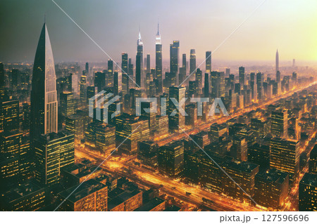 Cityscape at sunset aerial view, skyscrapers and street lights. Generative AI. Cityscape at sunset aerial view, skyscrapers and street lights. Generative AI. 127596696