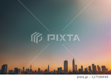 Cityscape at sunset aerial view, skyscrapers and street lights. Generative AI. Cityscape at sunset aerial view, skyscrapers and street lights. Generative AI. 127596699