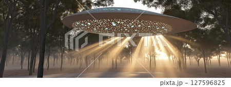 Alien spaceship hovering above misty forest landscape at dawn, conceptual background Alien spaceship hovering above misty forest landscape at dawn, conceptual background 127596825